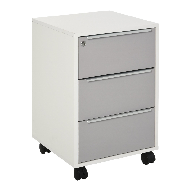 HOMCOM Cajonera Tipo Archivador Móvil de Oficina con 3 Cajones Cerradura Ruedas y Frenos para Documentos Carpetas 40x40x63,5 cm Blanco y Gris
