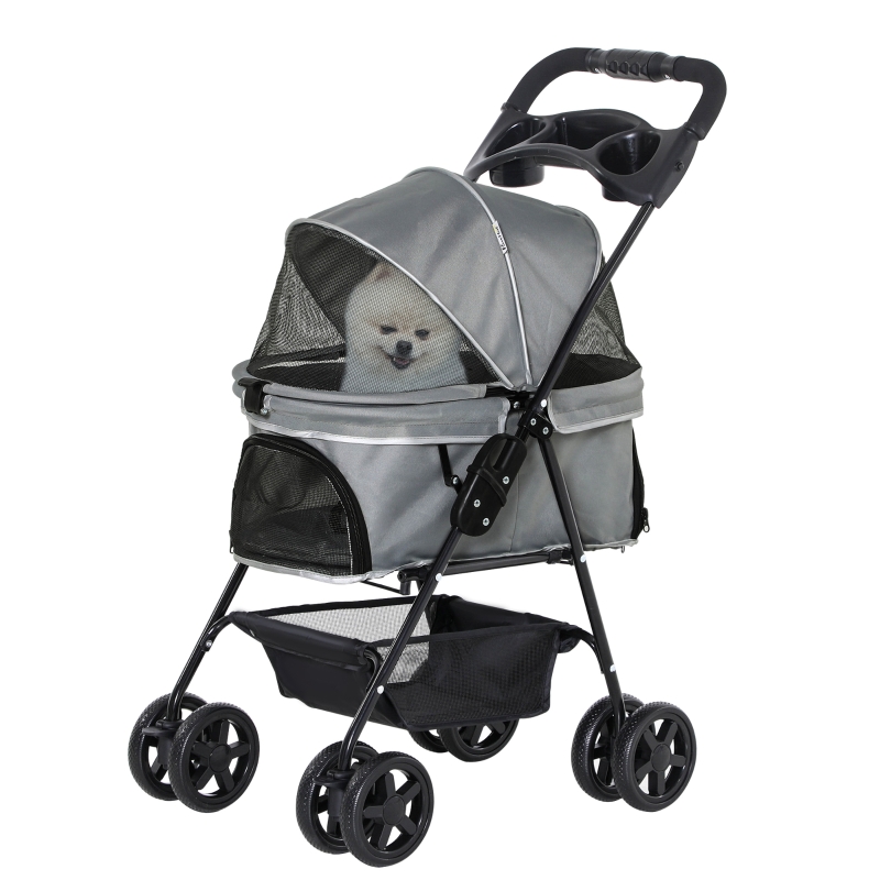 PawHut Cochecito para Mascotas Plegable Carrito para Perros Desmontable Acero Tela Oxford Ruedas Giratorias Frenos Ventana para Perros Gatos Pequeñitos 67x45x96 cm Gris