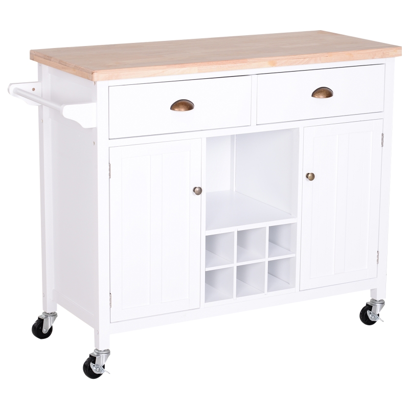 HOMCOM carrito auxiliar cocina con Ruedas Isla de Cocina Multiusos con Cajones Botellero Armarios Cerrados y Estante Cajón Blanco 113x45x89cm