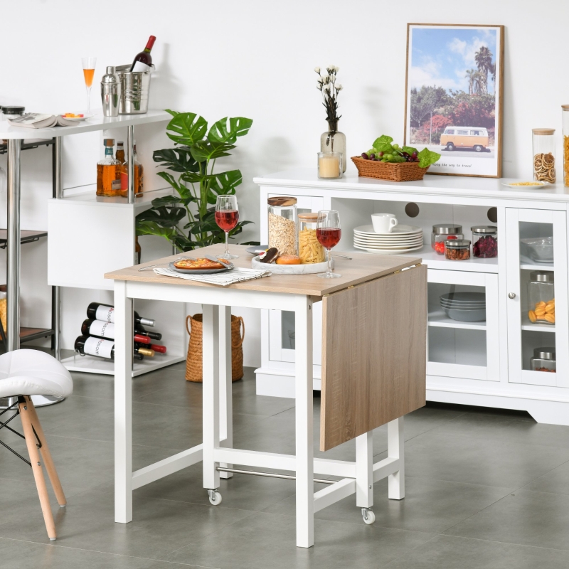 HOMCOM Mesa Plegable de Comedor con Tabla Abatible y 2 Ruedas Mesa Auxiliar Multifuncional para Estudio Cocina 118x70x76,5 cm Roble