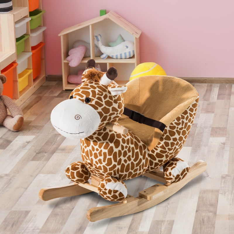 HOMCOM Caballito Balancín Bebé +18 Meses Balancín Peluche Madera con 32 Canciones Cinturón de Seguridad Girafa de Peluche 60x33x45cm