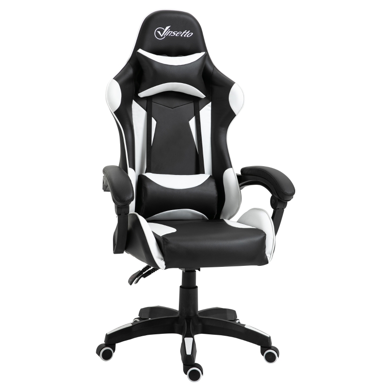 Vinsetto Silla Gaming Profesional Silla de Escritorio Ergonómica Reclinable y Ajustable en Altura con Respaldo Alto Reposacabezas y Reposabrazos 66x66x128-138 cm Blanco