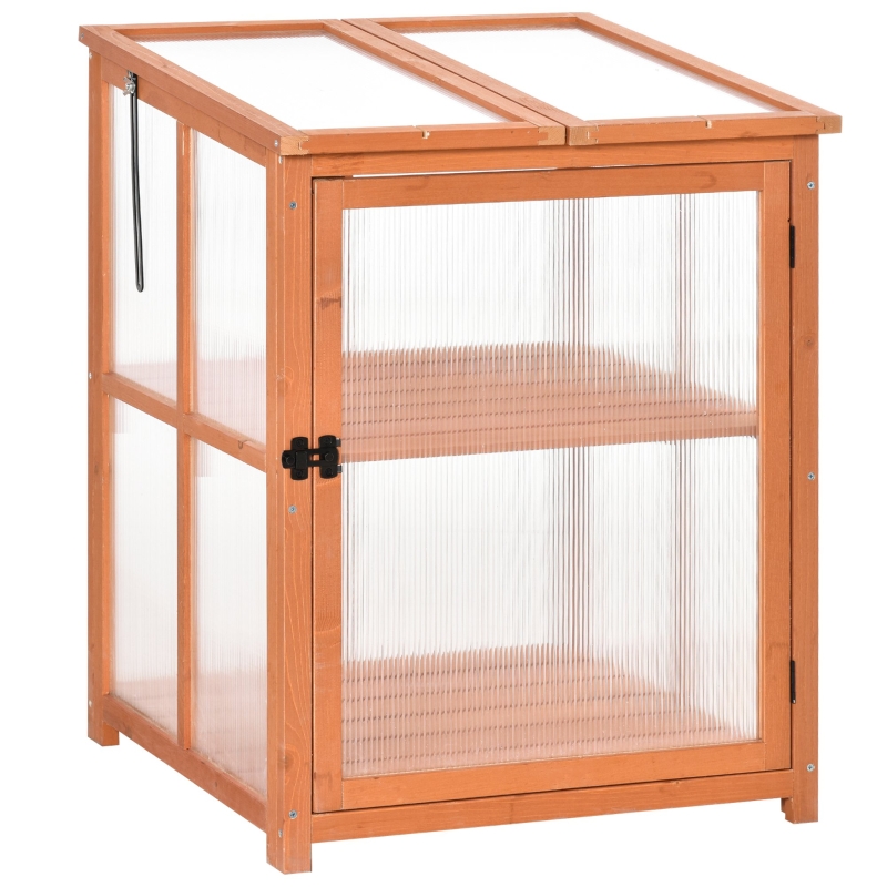 Outsunny Mini Invernadero de Jardín Invernadero de Madera y Paneles de Policarbonato con 2 Estantes Tapas y Puerta para Plantas Huerto Jardinería 62x63x82 cm Madera Natural