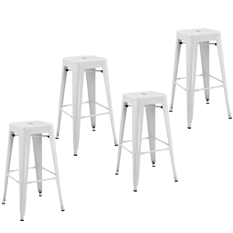 HOMCOM Conjunto de 4 Taburetes de Bar Estilo Industrial Apilables y con Reposapiés Aptos para Interiores y Exteriores 43x43x76 cm Carga Hasta 120kg Color Blanco
