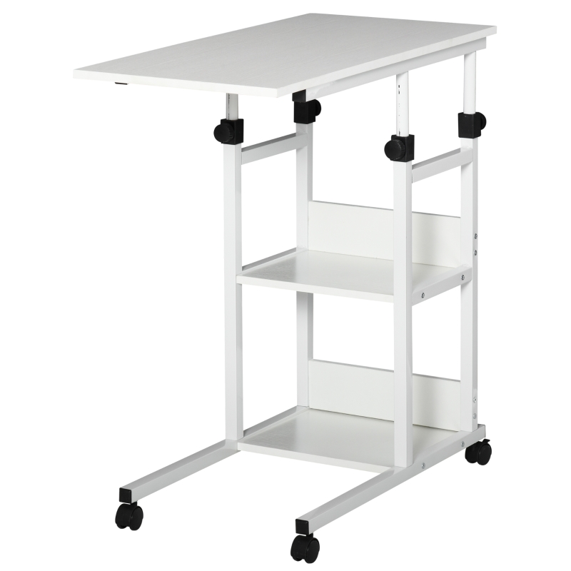 HOMCOM Mesa Auxiliar de Sofá Mesa Lateral en Forma de C con 4 Ruedas Giratorias Frenos Altura Ajustable 3 Niveles Marco Metal 80x40x72-82 cm Blanco
