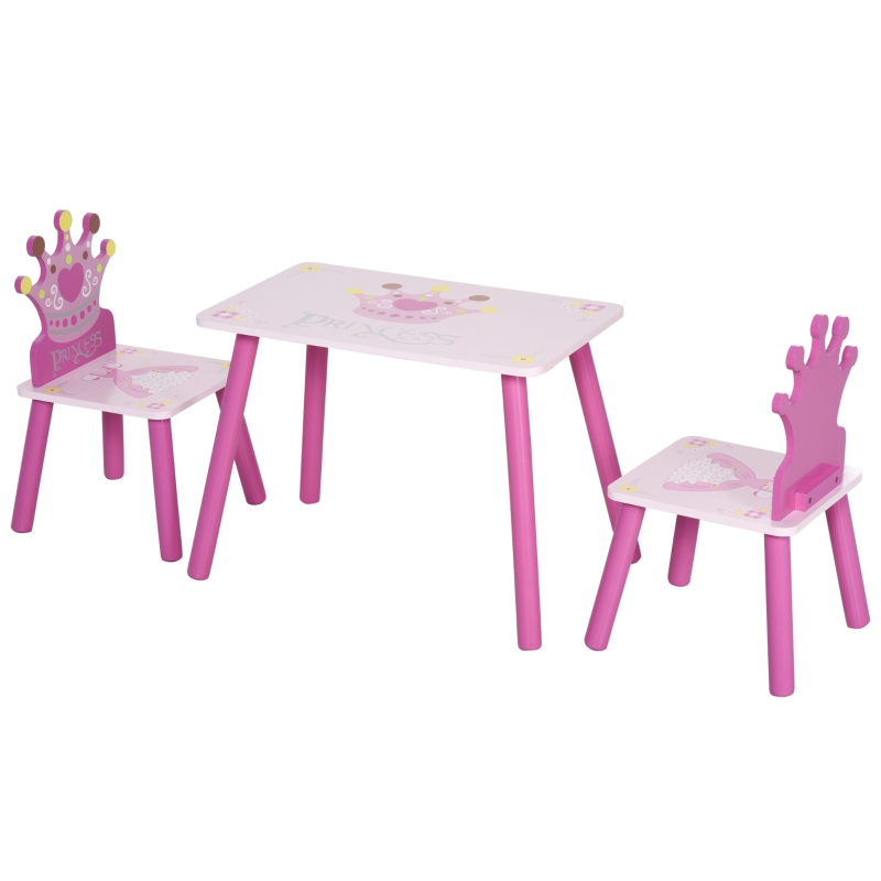 HOMCOM Juego de Mesa y 2 Sillas Infantiles de Madera Set de Mesa 55x34x42 cm Sillas 28x26x50 cm para Niños + 3 Años para Dormitorio Color Rosa