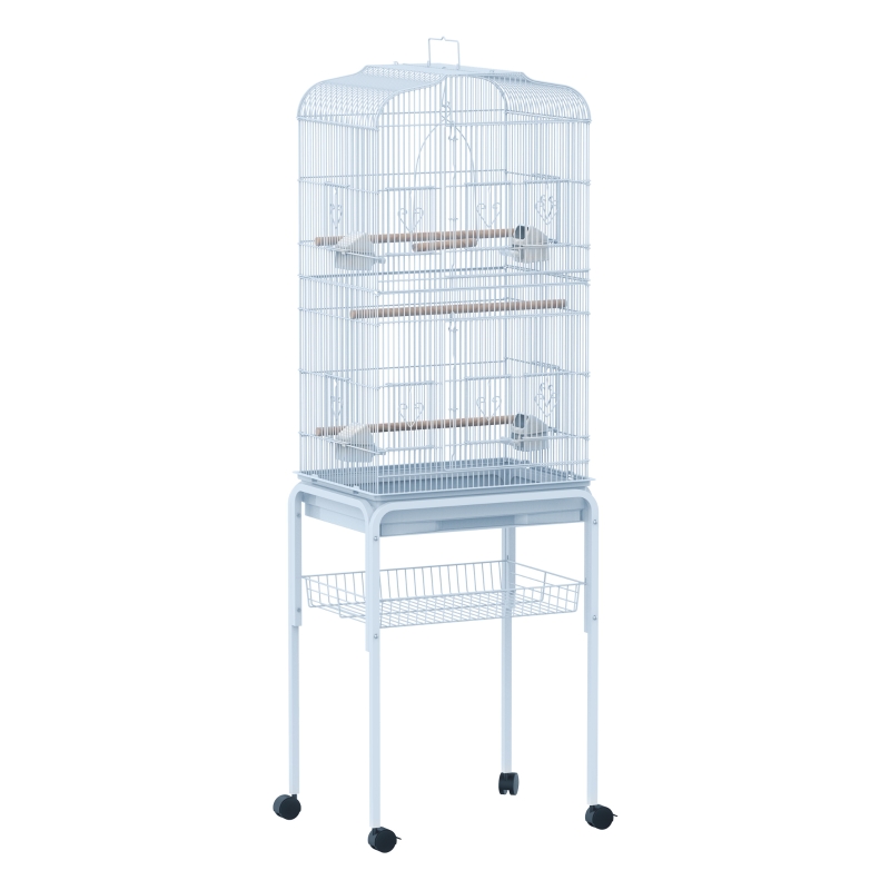 PawHut Jaula de Pájaros con 2 Puerta Jaulas para Aves con 4 Ruedas Universales Jaulas para Canarios Loros 47,5x37x153 cm Blanco