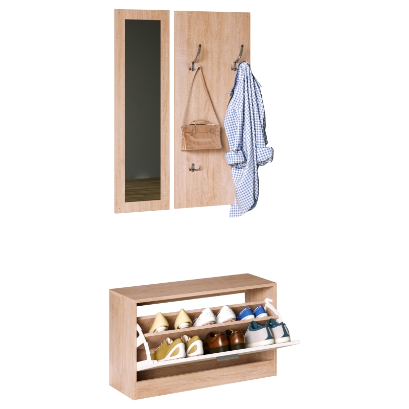 HOMCOM 3 en 1 Juego de Muebles de Entrada con Zapatero Espejo y Perchero con 4 Ganchos para Colgar Ropa para Recibidor Pasillo 80x27x46,5 cm Madera