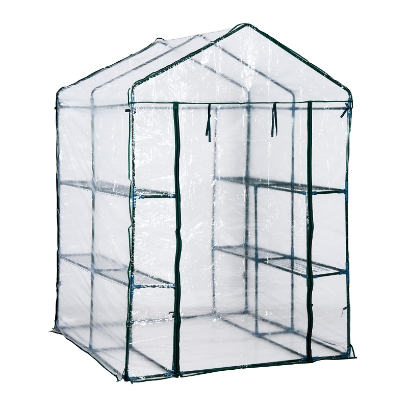 Outsunny Invernadero Transparente de Jardín Vivero Casero Plantas de 3 Niveles con Estantes Marco de Acero 143x143x195cm Translúcido y Verde