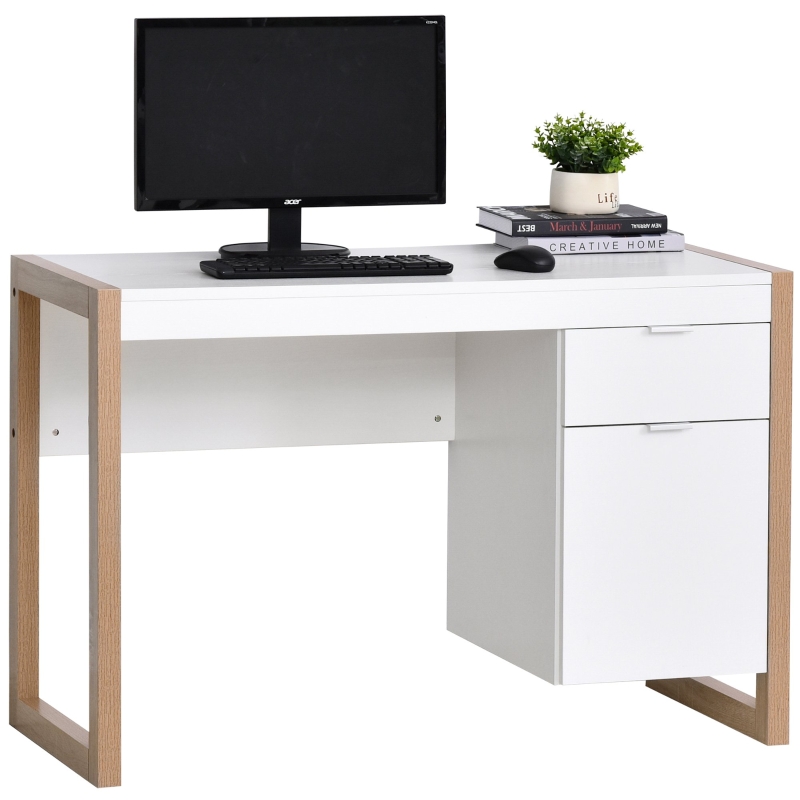 HOMCOM Mesa de Escritorio Mesa de Ordenador Espacioso con Cajón Armario Patas de Forma Rectangular Decoración Adicional 112,5x50x75,5 cm Blanco