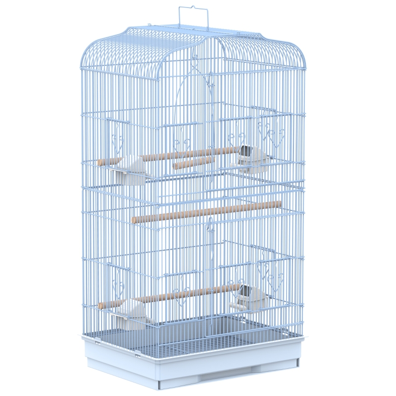 PawHut Jaula para Pájaros Pajarera con 2 Puertas 4 Comederos y 3 Perchas Columpio Asa de Transporte para Loro Canario Periquito Marco Metálico 47,5x36x91 cm Blanco