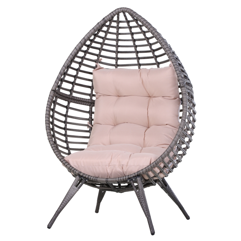 Outsunny Sillón de Exterior de Ratán con Cojín Estilo Moderno Forma de Huevo Acolchado Respaldo 101x89x156 cm Carga 160 kg Gris Beige