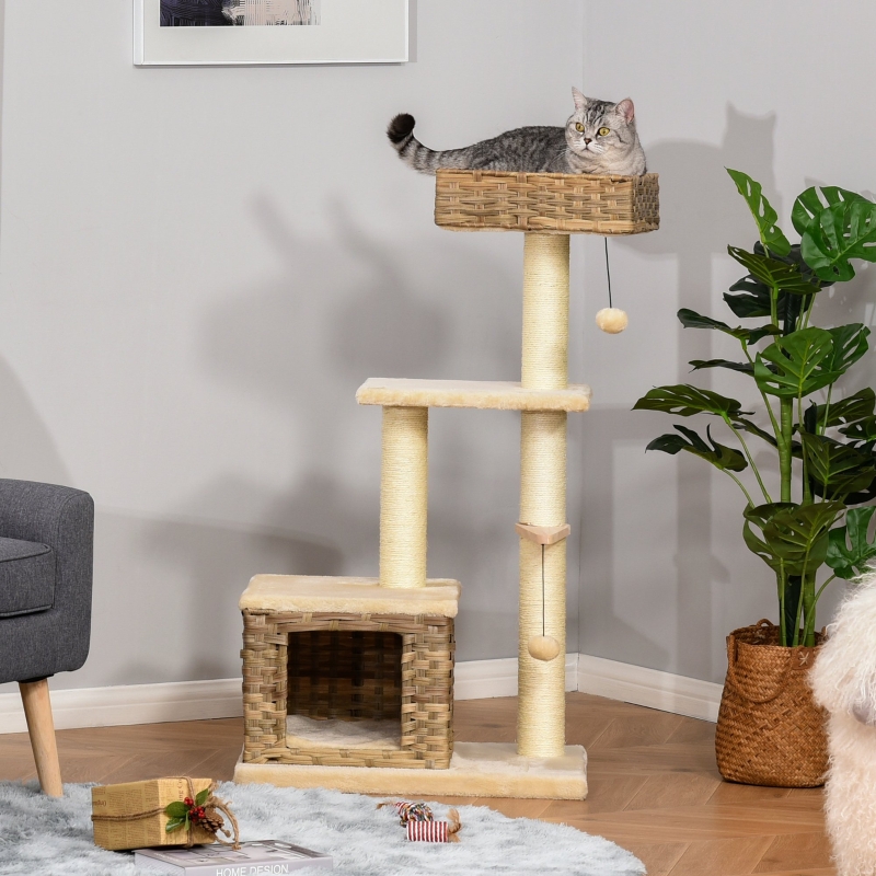 PawHut Rascador Árbol para Gatos 60x40x109 cm con Plataformas Cueva Cama Bolas de Juego y Postes de Rascar de Sisal Natural Beige y Marrón