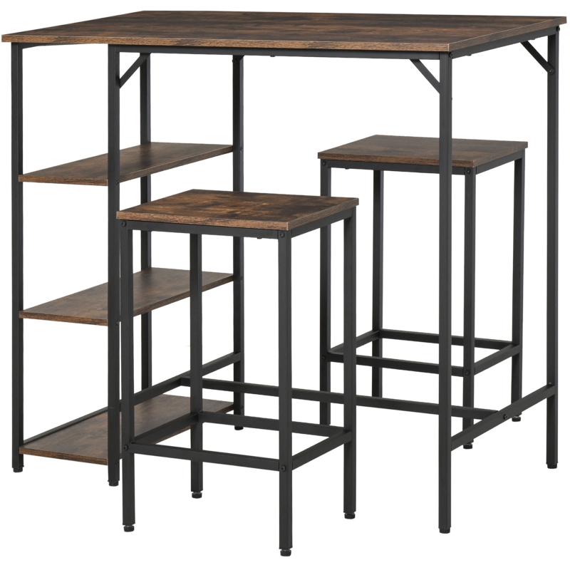HOMCOM Set de Mesa de Bar y 2 Taburetes con Reposapiés y Estantes de 3 Niveles Almohadillas Ajustables para Cocina Comedor 109x60x100 cm Marrón Rústico