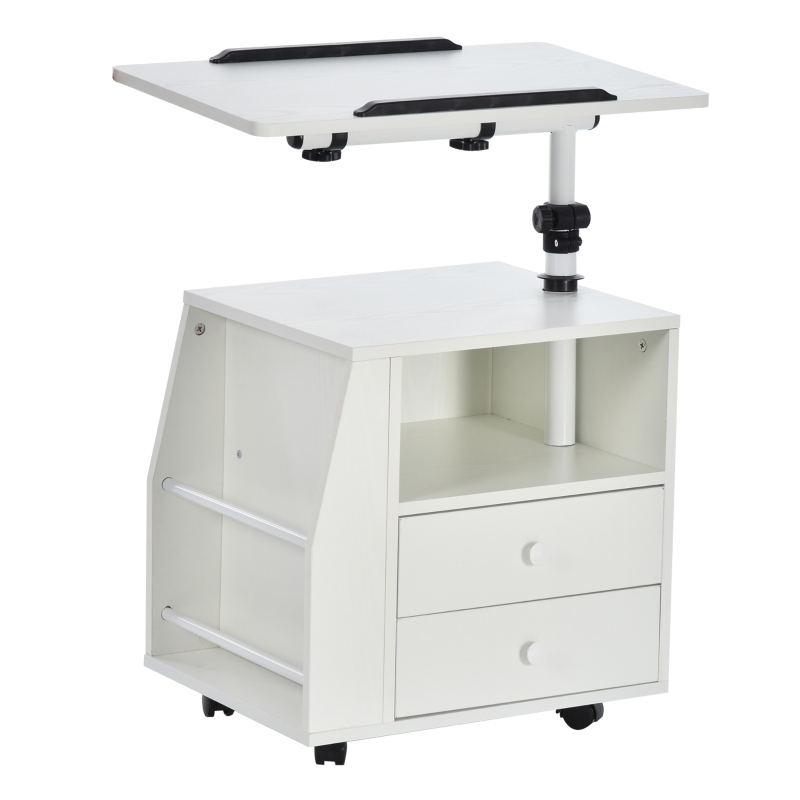 HOMCOM Mesa de Sofá para Salón Dormitorio Mesita de Noche Multifuncional 2 Cajones Compartimento Revistero Lateral Tabla Giratoria con 4 Ruedas 60x40x80-90 cm Blanco