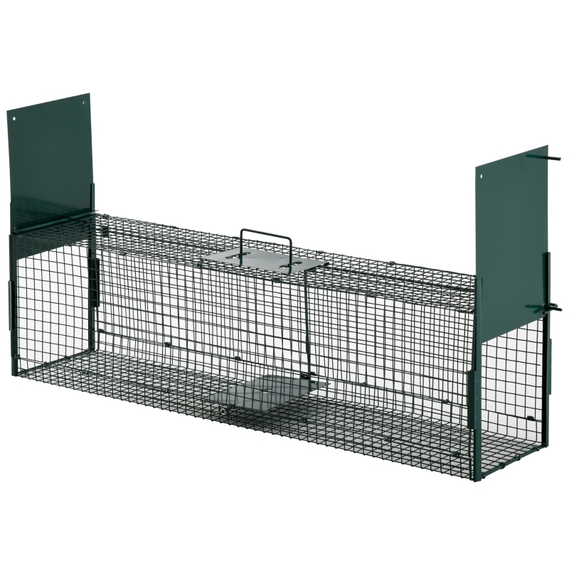 PawHut Trampa con 2 Puertas para Animales Vivos Jaula de Captura Metálica con Asa para Conejos Visones Zorros Pequeños 100x25x28 cm Verde Oscuro