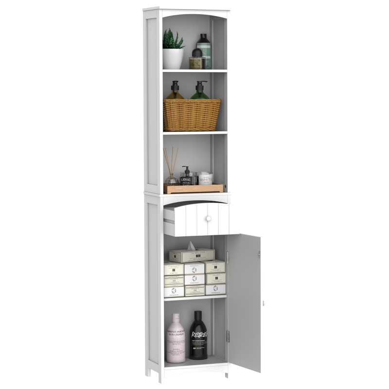 HOMCOM Mueble Armario Columna Multiusos Blanco para Cuarto de Baño con Estanterías 34x24x170cm 3 Estantes 1 Puerta y 1 Cajón