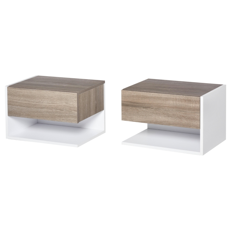 HOMCOM Juego de 2 Mesitas de Noche Flotantes de Madera con 1 Cajón y Estante Abierto Diseño Montado en Pared Moderno 46x30x30 cm Roble y Blanco