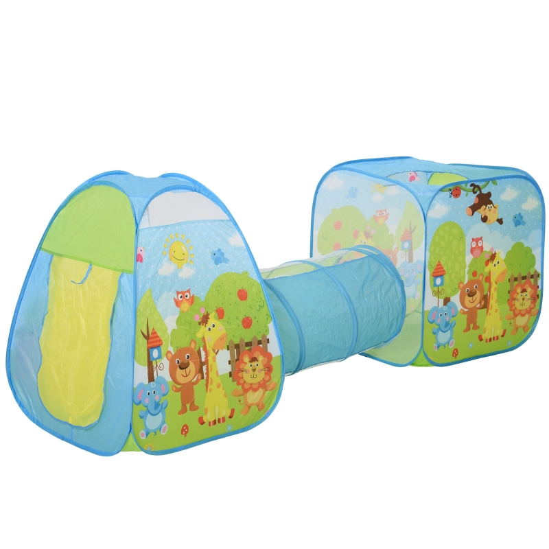 HOMCOM 3 en 1 Tienda De Campaña 1 Túnel Con 2 Carpas Zona Infantil Pop-Up Para Exterior y Interior Poliéster Más de 3 años