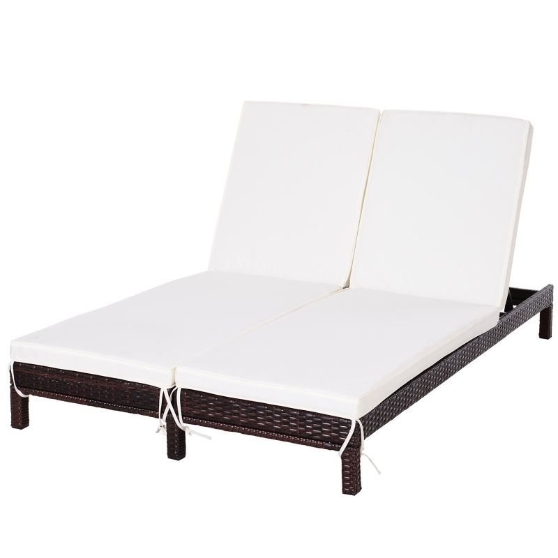 Outsunny Tumbona de Ratán 2 Plazas con Cojines Acolchados de Jardín Conjunto de Tumbonas Exterior 195x120x28 cm Marrón y Blanco Crema