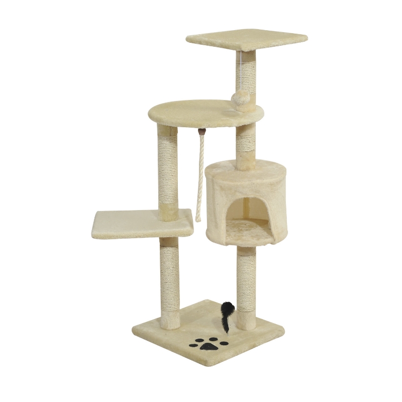 PawHut Árbol para Gatos Rascador Gato de 4 Pisos con Poste para Arañar Cueva Espaciosa Múltiples Plataformas Juguetes Divertidos 112x75x40 cm Beige