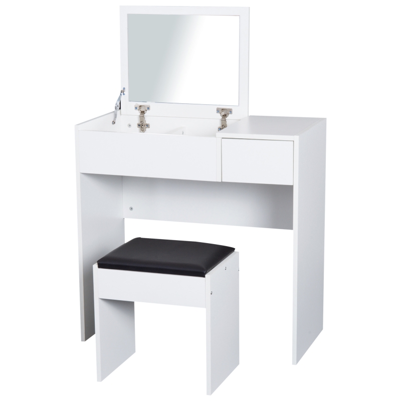 HomCom® Tocador con Taburete Espejo Tapa Abatible Mesa para Maquillaje 3 Cajas y 1 Cajón Blanco