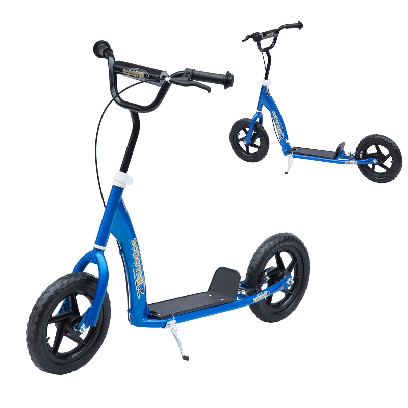 HOMCOM Patinete Scooter 2 Ruedas 12 Pulgadas Monopatín para Niños y Adultos Manillar Ajustable con Freno y Caballete Carga 100kg 120x52x75-86cm Acero Azul