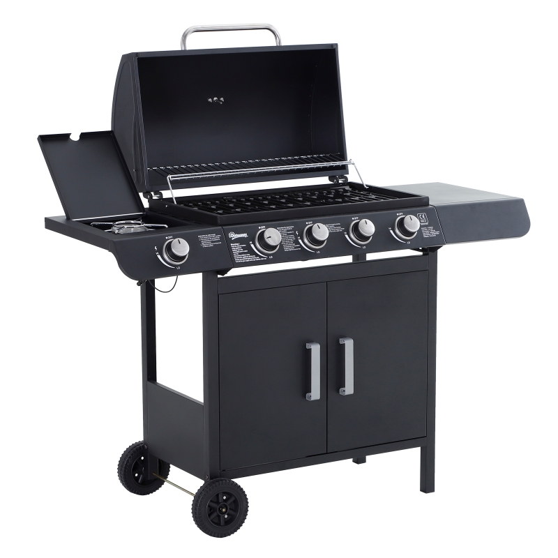 Outsunny Barbacoa de Gas con 5 Quemadores de Acero Inoxidable Fogón y Parrilla con Tapa y Ruedas 125x51x100 cm Negro