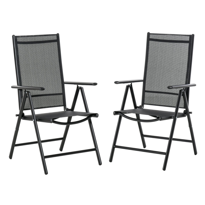 Outsunny Set de 2 Sillas de Comedor de Jardín Plegables de Aluminio con Respaldo Alto Ajustable de 8 Niveles y Reposabrazos Transpirable 65x55x107 cm Negro