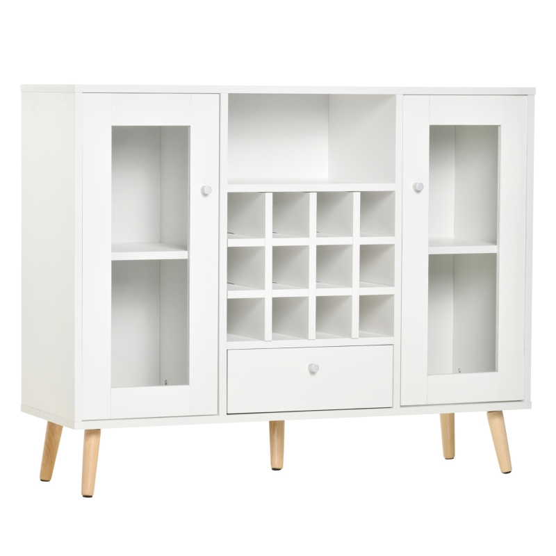 HOMCOM Aparador Buffet de Cocina Alacena de Almacenaje con Botellero Cajón Estante Abierto y 2 Armarios con Puertas de Cristal Moderno para Comedor 100x33x80 cm Blanco