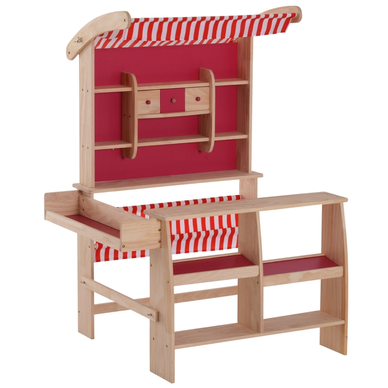 HOMCOM Supermercado de Juguete para Niños +3 Años Tienda infantil de Madera 90x70x120cm Rojo
