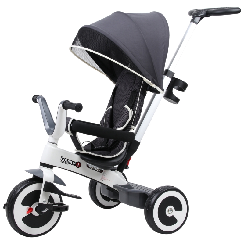 HomCom® Triciclo Bebé 4 en 1 Trolley Trike Bicicletas para Niños +18 Mes Evolutivo Capota Barra y Pedales Desmontables Gris