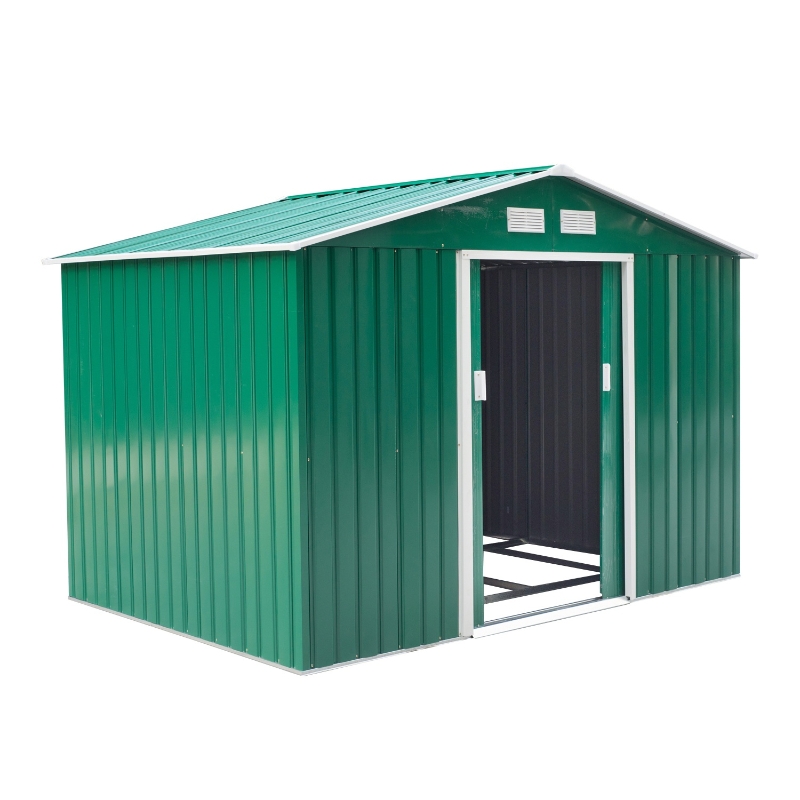 Outsunny Cobertizo de Jardín Exterior Caseta de Jardín Metálica para Almacenamiento de Herramientas con Base Incluida y 4 Ventanas 5,2 m² 277x195x192 cm Color: Verde Oscuro