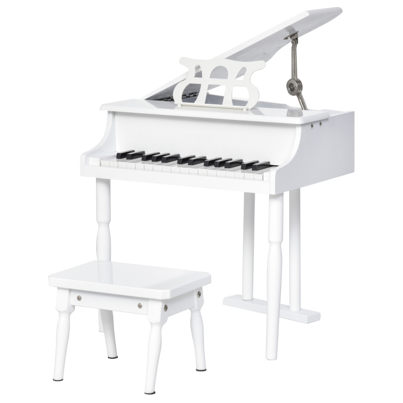 HOMCOM Piano de Cola Infantil con 30 Teclas Taburete y Atril de Partituras Piano para Niños de MDF Instrumento Musical Didáctico 52x50x49 cm Blanco