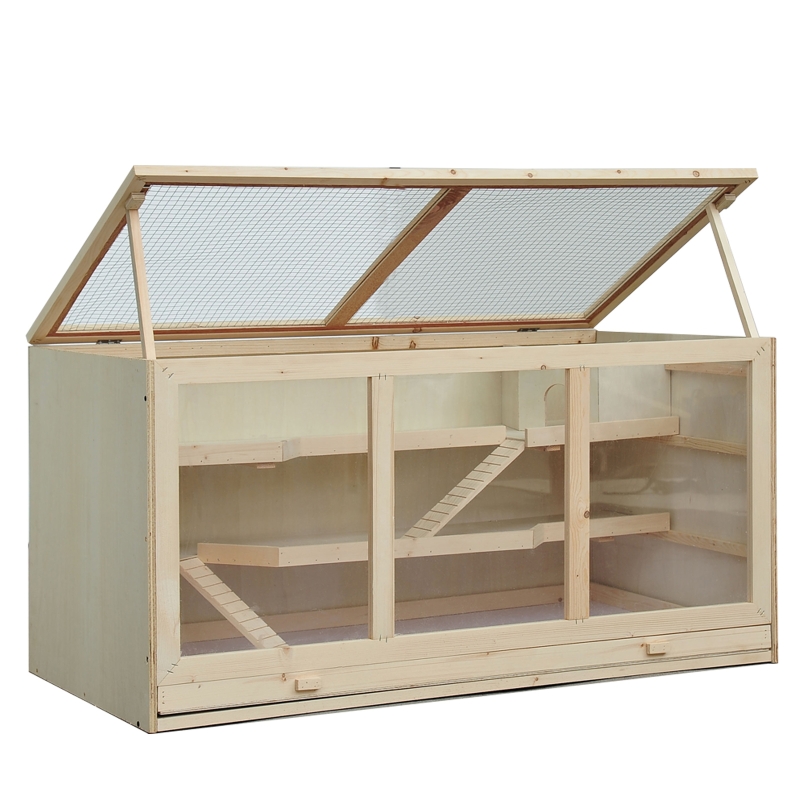 PawHut Jaula Hámster de Madera Casa para Roedores Pequeños con Bandeja Extraíble 2 Plataformas y Rampas 115x60x58 cm Madera Natural