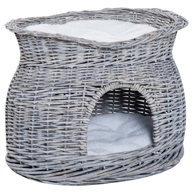 PawHut Cesta de Mimbre para Gatos de 2 Alturas con Cama y Cueva con Cojines Lavables 56x37x40 cm Gris