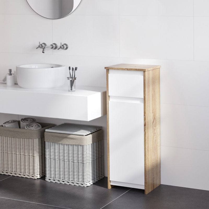 kleankin Armario Bajo para Baño Mueble Auxiliar de Madera con Cajón y Armario con 2 Estantes para Salón Dormitorio Cocina 32,6x30x90 cm Color Natural y Blanco