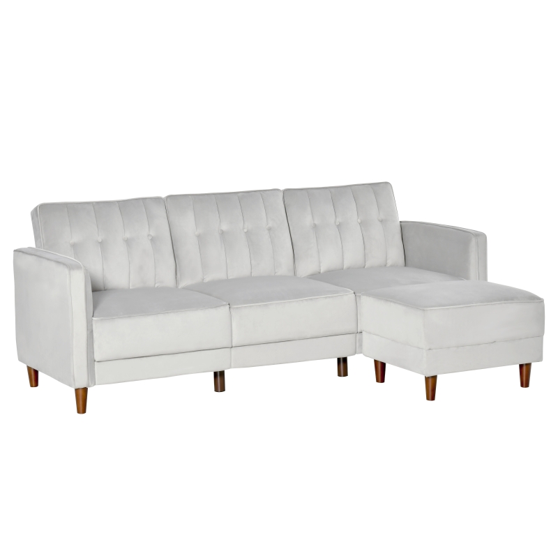 HOMCOM Sofá Cama con Chaise Longue de 3 Plazas Convertible con Reposapiés Movible Respaldo Ajustable y Reposabrazos Tacto Aterciopelado 218x85x86 cm Gris Claro