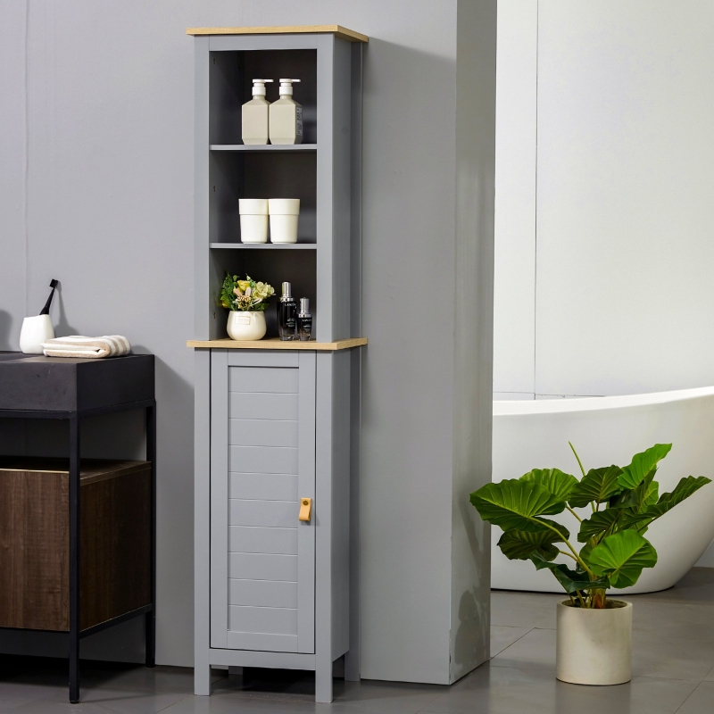 kleankin Armario Alto de Baño Mueble Columna Estrecho Moderno con 1 Puerta Estante Ajustable y 3 Compartimentos Abiertos 39x30x168 cm Gris