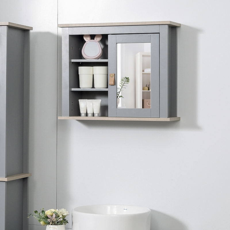 kleankin Armario de Baño con Espejo Armario Auxiliar de Pared con 1 Puerta y Estantes Ajustables Espacio de Almacenaje para Cocina Recibidor 60x19x49 cm Gris