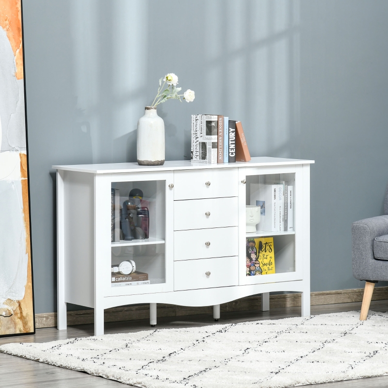 HOMCOM Aparador de Cocina Armario Buffet con 2 Puertas de Vidrio Estante Ajustable Interior y 4 Cajones Mueble Auxiliar para Comedor Salón 136x45x85 cm Blanco