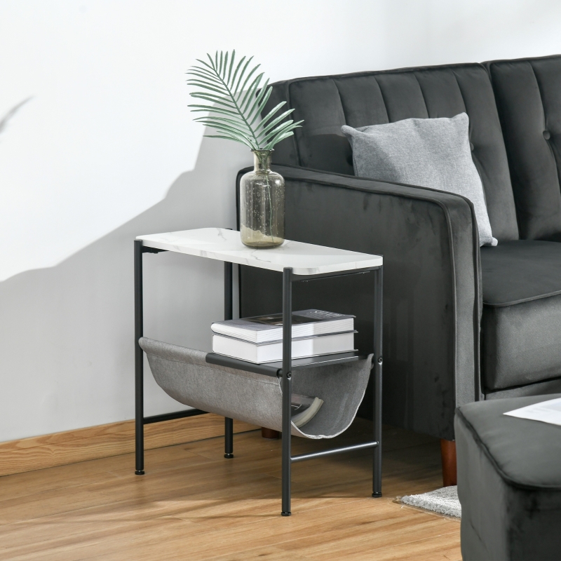 HOMCOM Mesa Auxiliar Moderna con Bolsillo de Lona y Estante Extraíble Mesa de Centro para Salón con Encimera Imitación Mármol 60x28x53 cm Blanco Gris y Negro