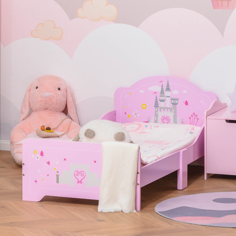 HOMCOM Cama Infantil para +3 Años Cama para Niños de Madera con Barreras de Protección Carga Máx. 50 kg 143x73x60 cm Rosa