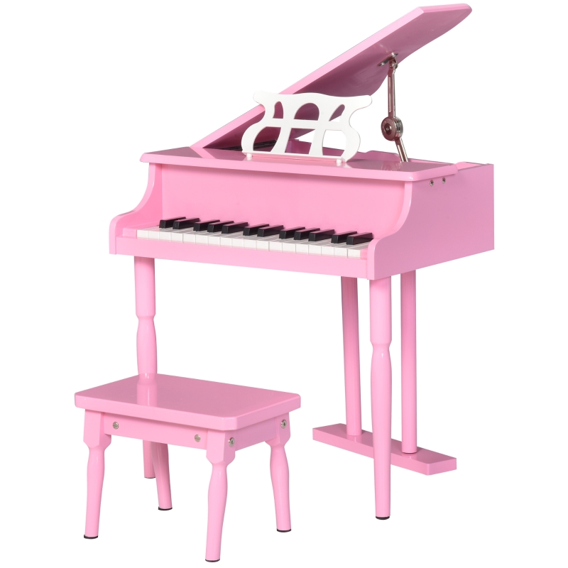 HOMCOM Piano de Cola Infantil con 30 Teclas Taburete y Atril de Partituras Piano para Niños de MDF Instrumento Musical Didáctico 52x50x49 cm Rosa