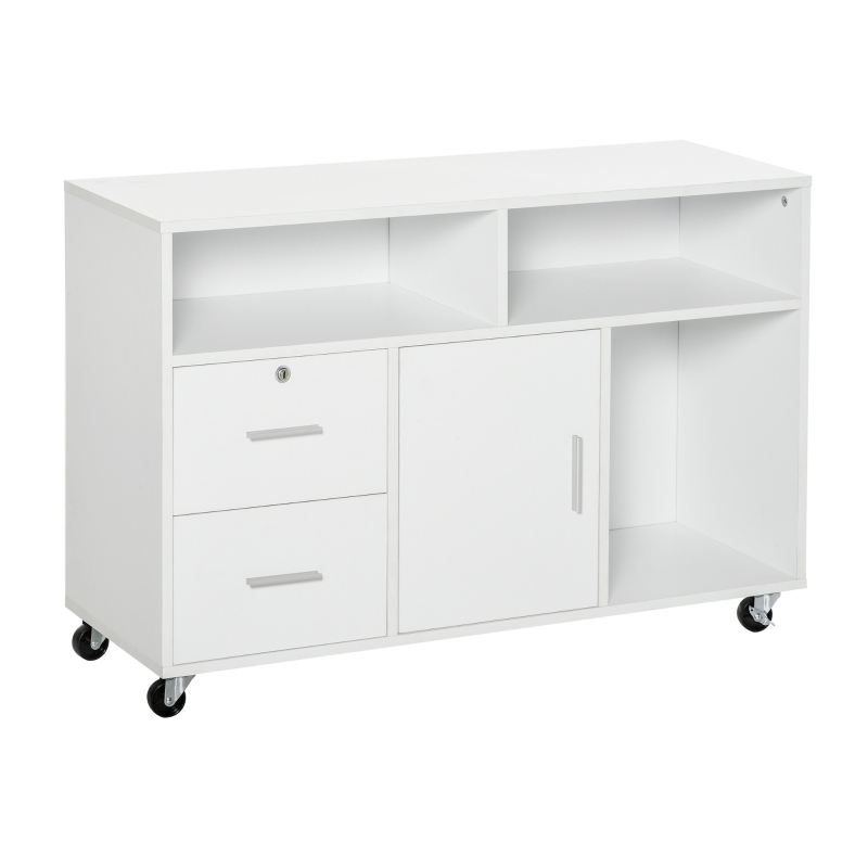 HOMCOM Mueble Auxiliar de Oficina Mueble Archivador con Ruedas Estantes y Cajones Armario Multiusos con Gran Almacenaje 100x35x65 cm Blanco