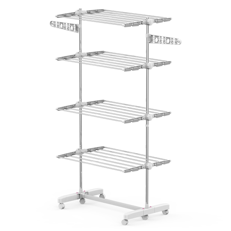 HOMCOM Tendedero de Ropa Plegable 80x55x172 cm con 6 Ruedas y 4 Estantes con Altura Regulable de Acero Inoxidable Plateado