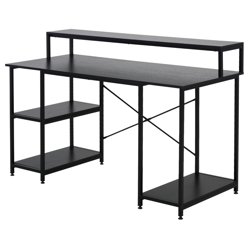 HOMCOM Mesa para Computadora Escritorio de Oficina con 3 Estantes Tabla Superior Patas con Almohadillas Ajustables Antideslizantes Metal 140x60x93 cm Negro