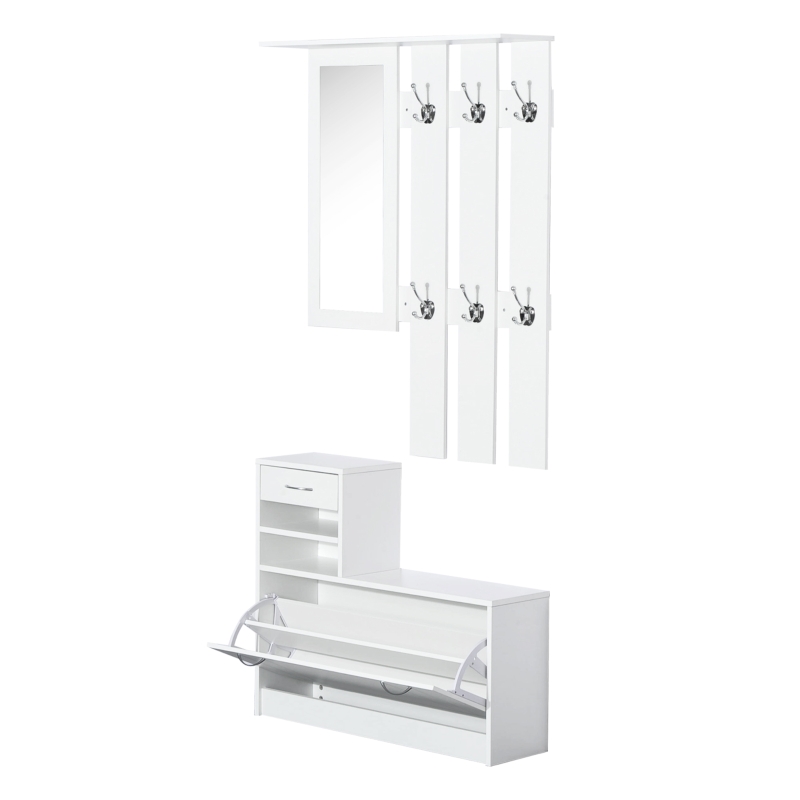 HOMCOM Conjunto de Muebles de Entrada Recibidor Pasillo Set de 3 Piezas Perchero Espejo Zapatero con Cajón 90x22x116cm Madera Blanco