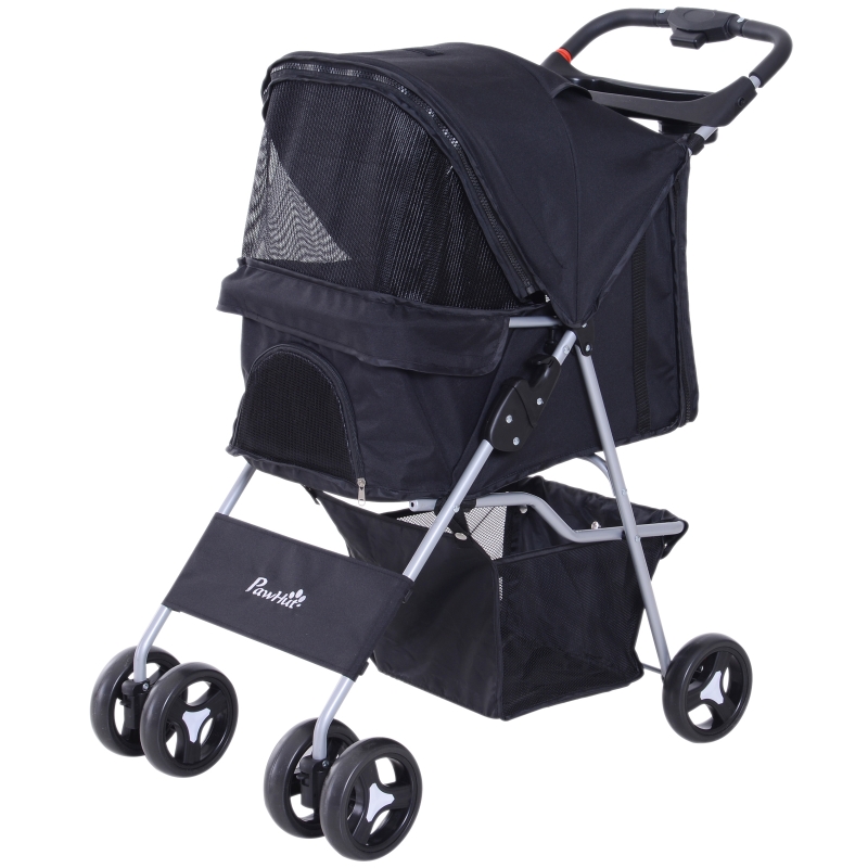 PawHut Cochecito Plegable Mascotas 75×46×94 cm Perro Gato Carrito Ruedas Giran 360 grados con Freno Negro