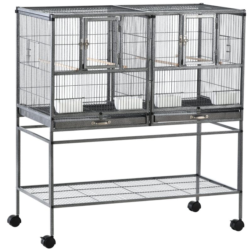 PawHut Doble Jaula Individual para Pájaros Pequeños Jaula Grande para Aves con 4 Ruedas Bandejas Múltiples Puertas 4 Comederos 4 Perchas 95x45,5x102cm